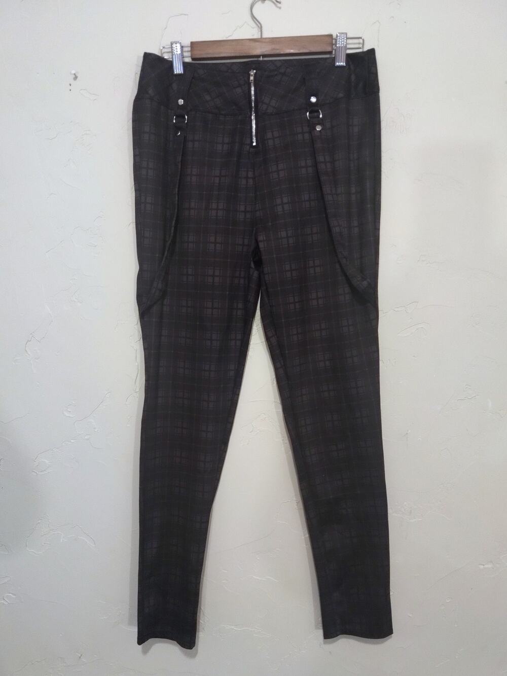 Plaid Black Pants with Faux Suspenders